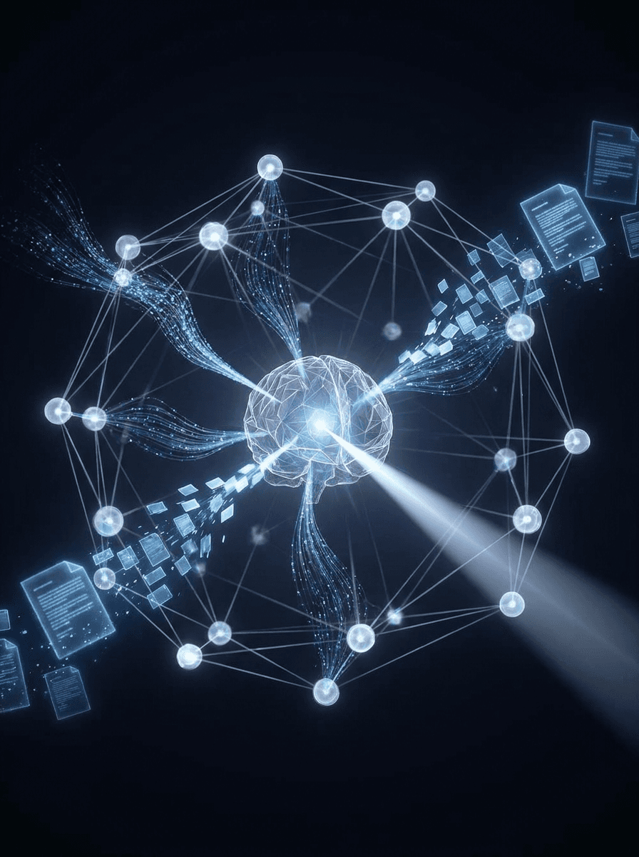 A neural core ingesting documents across a knowledge graph and emitting a single grounded answer