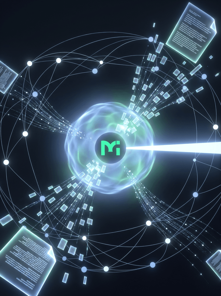The Mandala mark at the centre of a network of documents and data flowing into a single beam