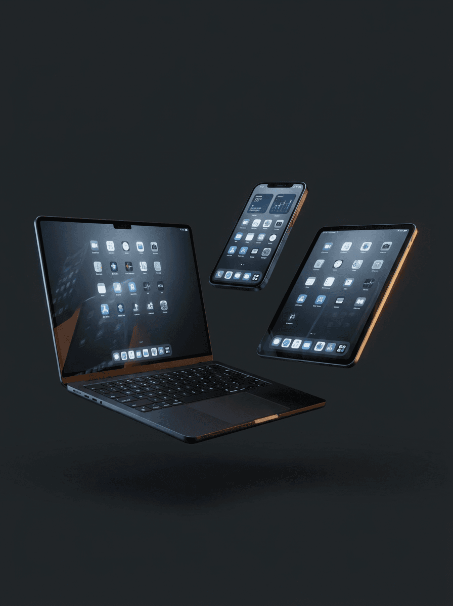 A laptop, phone, and tablet running the same product interface side by side
